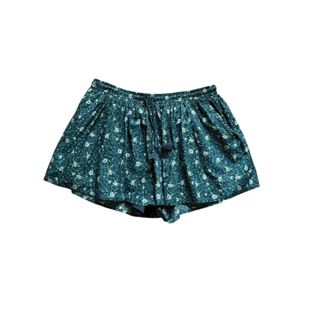 Old Navy Floral Boho Shorts XL Green Elastic Waist Tassel Tie Flowy Cotton - Picture 1 of 7